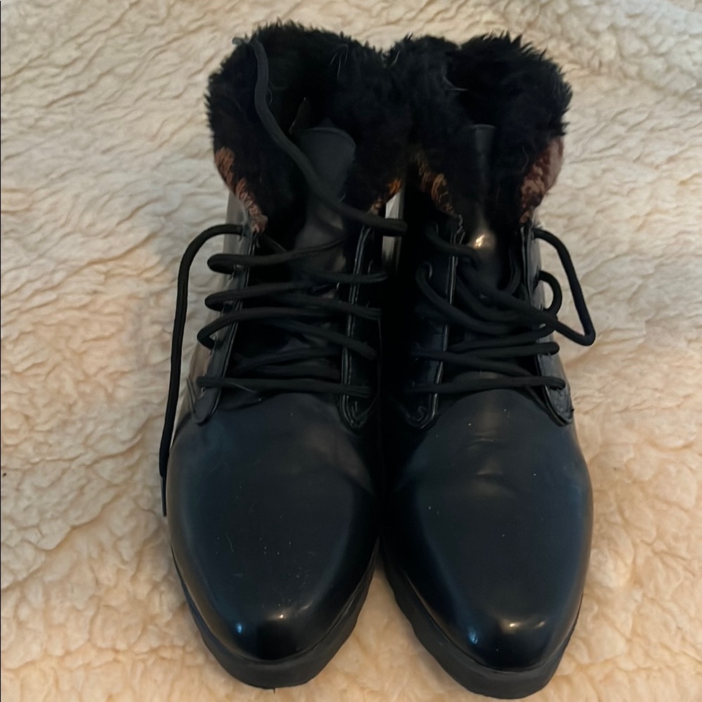 Black Fur-Lined Lace-Up  rain Boots made in Italy.